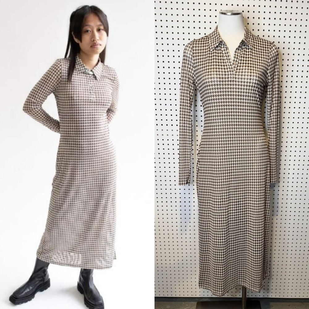 Find Me Now | Elena Brown Houndstooth Mesh Long Sleeve Stretch Midi Dress Sz. L
